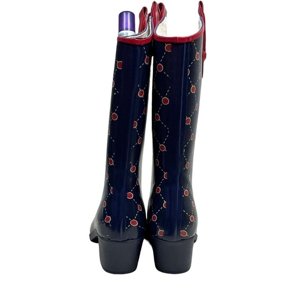 Stadium Stomper Rain Boots Pull Up Pointed Toe Polka Dots Blue Red‎ Women Size 7 - Picture 2 of 8